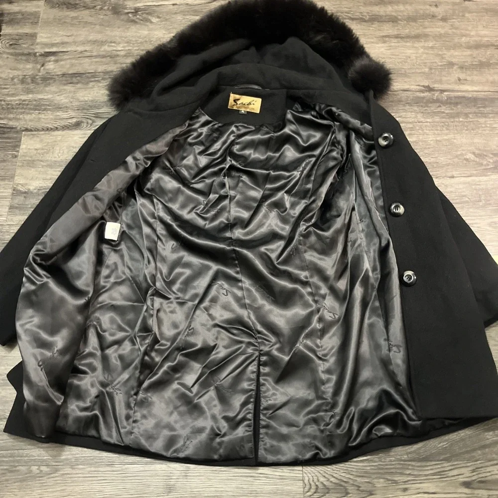 Sachi Collection Black Cashmere Blend women's Coat Size PL  Finland Fox Fur Trim - Picture 11 of 15